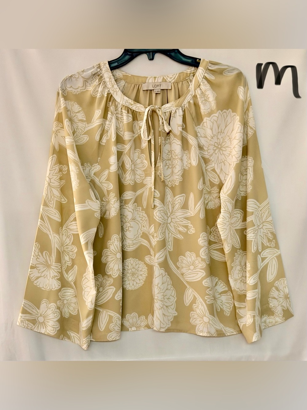 LOFT Cream Floral Tie-Neck Tan Blouse